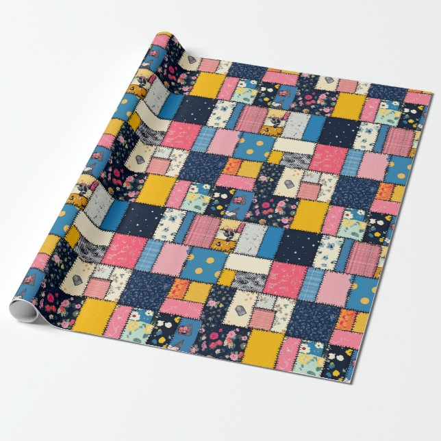 Adorable Patchwork Design, Playful Pattern Wrapping Paper (Unrolled)