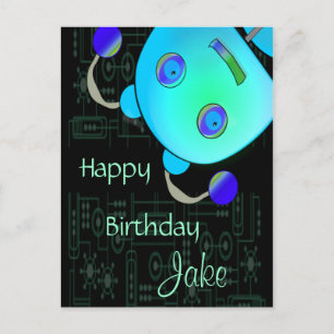 Adorable Peek A Boo Blue Robot Birthday Postcard