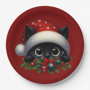 Adorable Peeking Christmas Black Cat Paper Plate