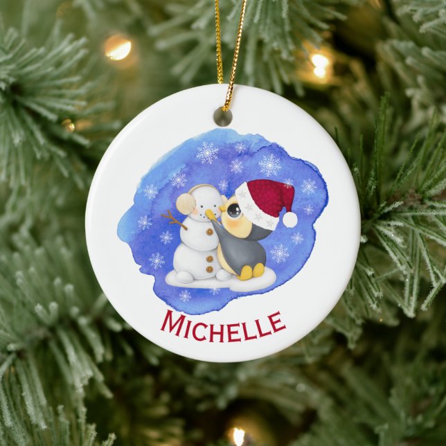 Adorable Penguin And Snowman Name Ceramic Tree Decoration (Tree)