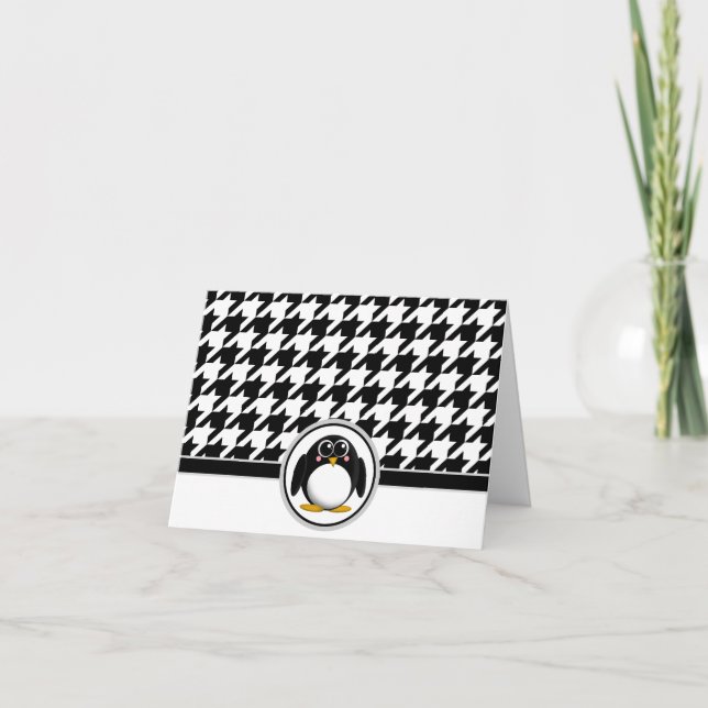 Adorable Penguin Black & White Houndstooth Cards (Front)