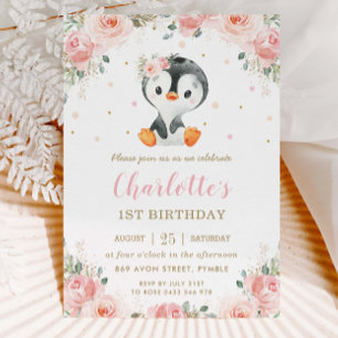 Adorable Penguin Blush Floral Girl 1st Birthday  Invitation