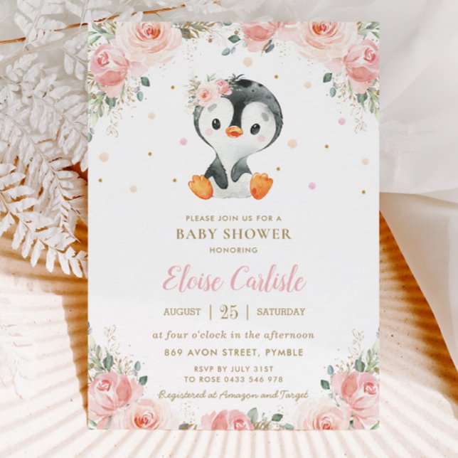 Adorable Penguin Blush Floral Girl Baby Shower  Invitation (Creator Uploaded)