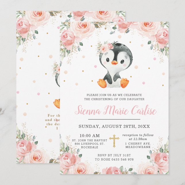 Adorable Penguin Blush Floral Girl Christening Invitation (Front/Back)