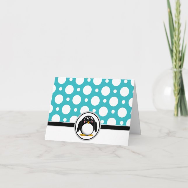 Adorable Penguin custom Turquoise Polka Dot Cards (Front)