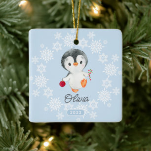 Adorable Penguin Girls Christmas Ceramic Ornament