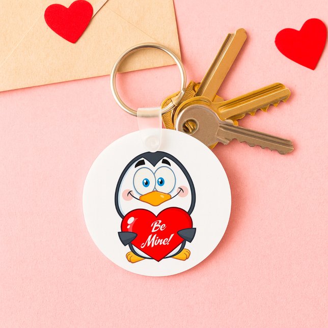 Adorable Penguin Holding Be Mine Heart  Key Ring (Creator Uploaded)
