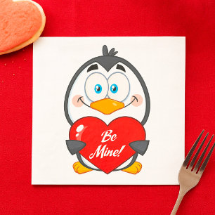 Adorable Penguin Holding Be Mine Heart Napkin