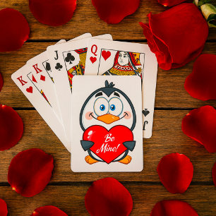 Adorable Penguin Holding Be Mine Heart Playing Cards