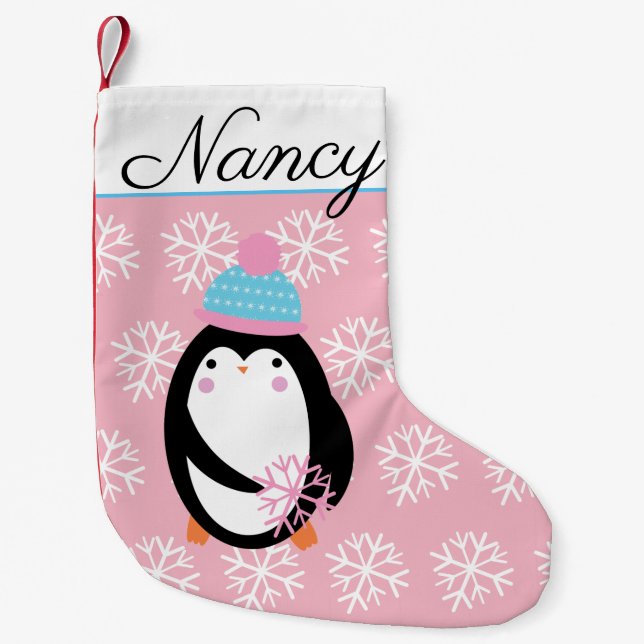 Adorable Penguin holding Snowflakes Small Christmas Stocking (Front)