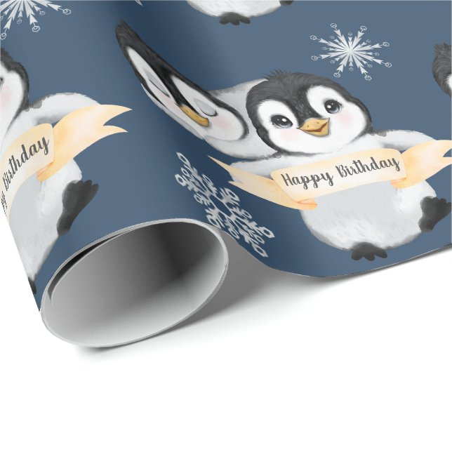 Adorable Penguin Kids Boy Girl Happy Birthday  Wrapping Paper (Roll Corner)