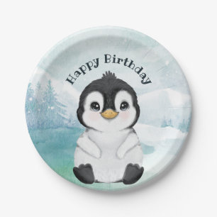 Adorable Penguin Winter Landscape Happy Birthday Paper Plate