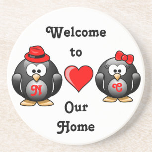 Adorable Penguins Red Heart Hat Ribbon Love Pair Coaster