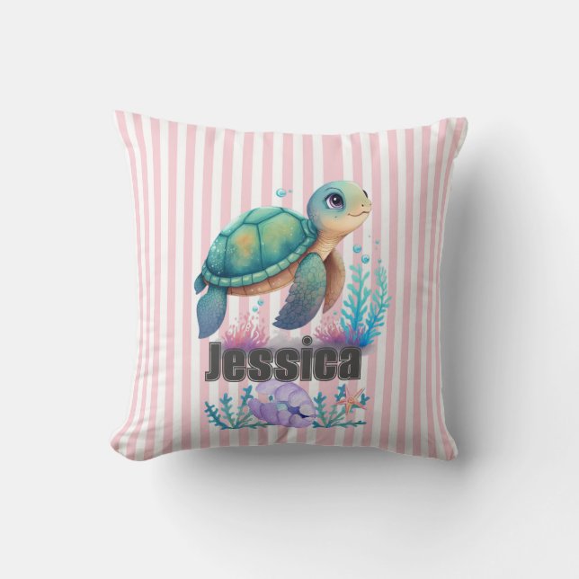 Adorable personalised baby sea turtle throw pillow (Front)