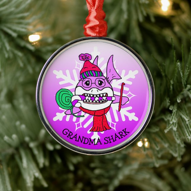 Adorable Personalised Grandma Shark and Snowflake Metal Tree Decoration (Tree)