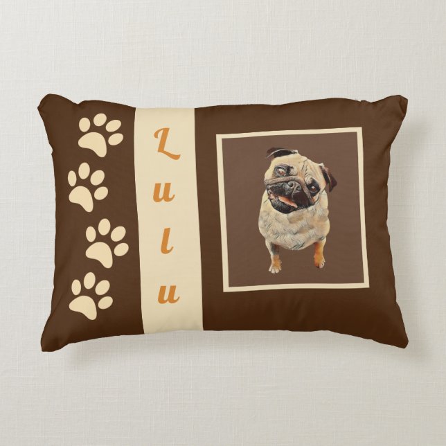 Adorable Personalizable Pastel Pug Accent Pillow (Front)