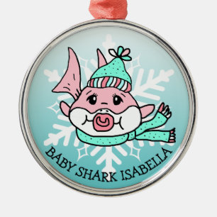Adorable Personalized Baby Shark and Snowflake Metal Tree Decoration