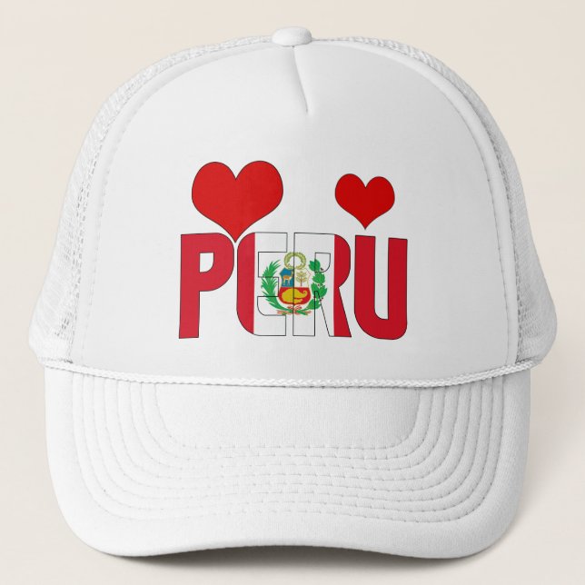 Adorable Peru Flag Hearts Patriotic  Trucker Hat (Front)
