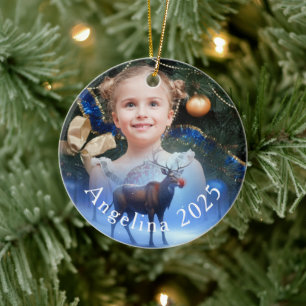 Adorable Photo Custom Reindeer Winter Wonderland  Ceramic Tree Decoration