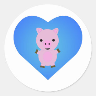Adorable Pig with a Blue Heart in the Background Classic Round Sticker