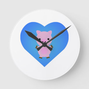 Adorable Pig with a Blue Heart in the Background Round Clock
