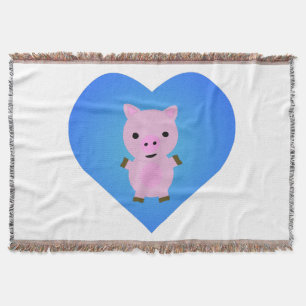 Adorable Pig with a Blue Heart in the Background Throw Blanket