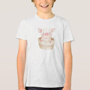Adorable Piglet in Wooden Tub Illustration Tri-Blend Shirt