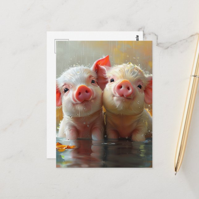 Adorable Piglets in the Rain Postcard (Front/Back In Situ)