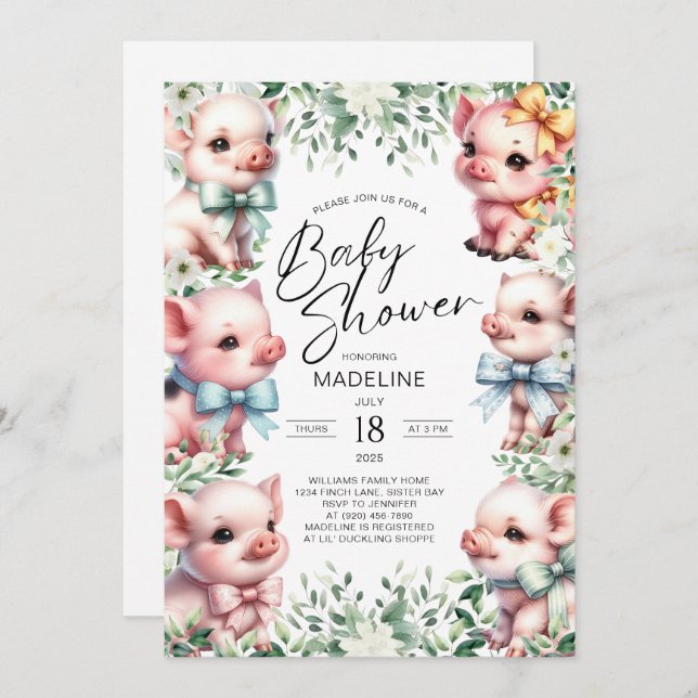 Adorable Pigs Greenery Baby Shower Invitation (Front/Back)