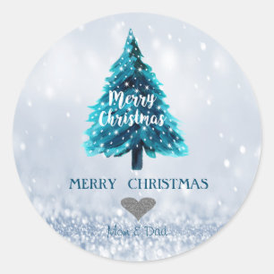 Adorable Pine Tree,Blue Glittery Bokeh Classic Round Sticker