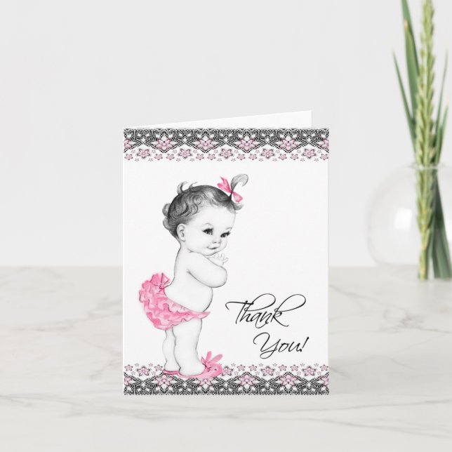 Adorable Pink and Black Baby Shower Thank You Card (Front)