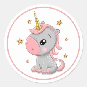 Adorable Pink and Gold Unicorn with Pink Frame   Classic Round Sticker