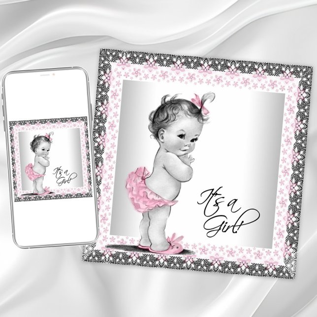 Adorable Pink and Grey Baby Girl Shower Invitation (Cute vintage baby girl shower invitation. Instant download and printed invitations available.)