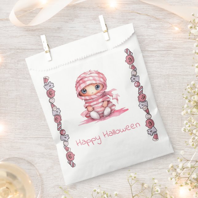 Adorable Pink and White Mummy Happy Halloween Favour Bags (Clipped)
