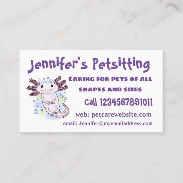 Adorable pink axolotl cartoon business card (Front)