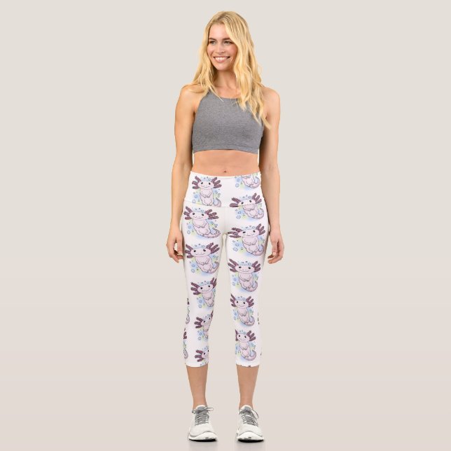 Adorable pink axolotl cartoon capri leggings (Front)