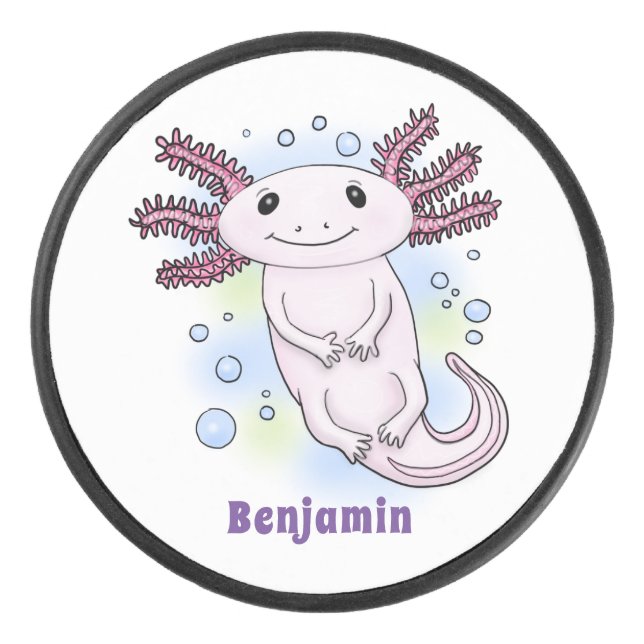 Adorable pink axolotl cartoon hockey puck (Front)