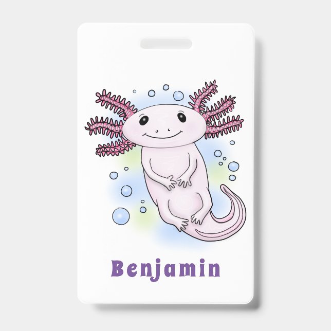 Adorable pink axolotl cartoon ID badge (Front)
