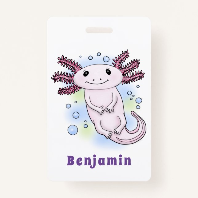 Adorable pink axolotl cartoon ID badge (Front)
