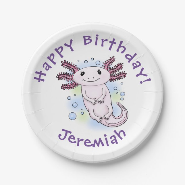 Adorable pink axolotl cartoon paper plate (Front)