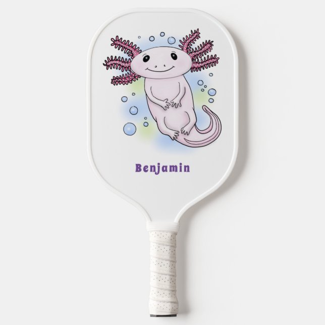 Adorable pink axolotl cartoon pickleball paddle (Front)