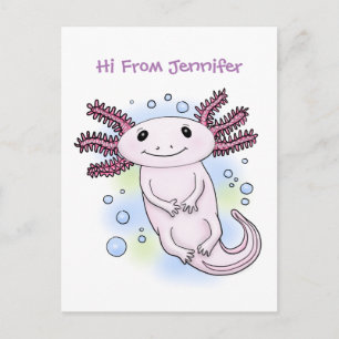 Adorable pink axolotl cartoon postcard