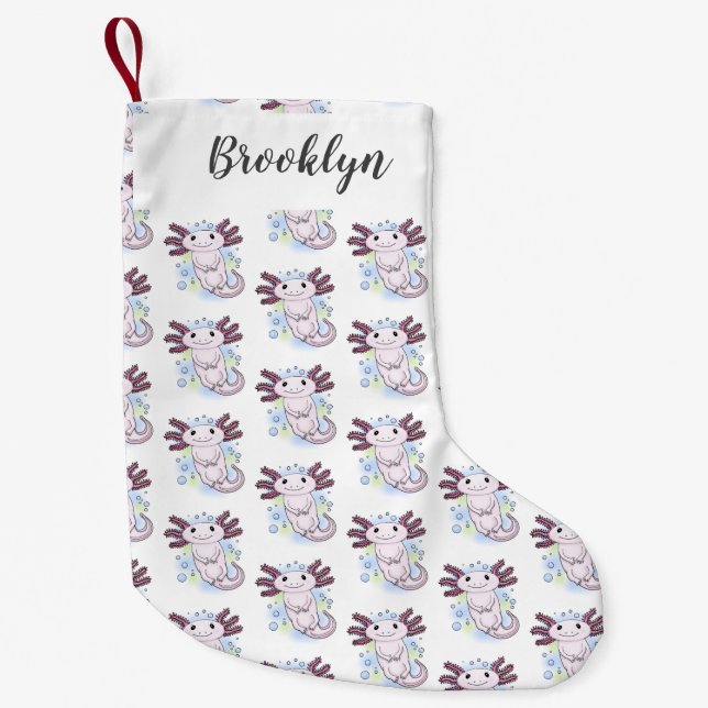 Adorable pink axolotl cartoon small christmas stocking (Front)