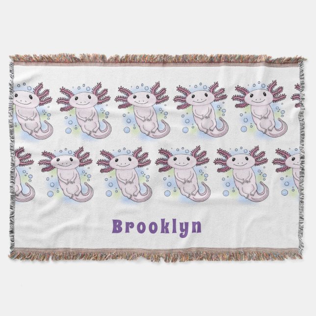 Adorable pink axolotl cartoon throw blanket (Front)