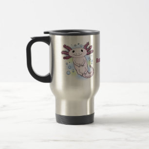 Adorable pink axolotl cartoon travel mug
