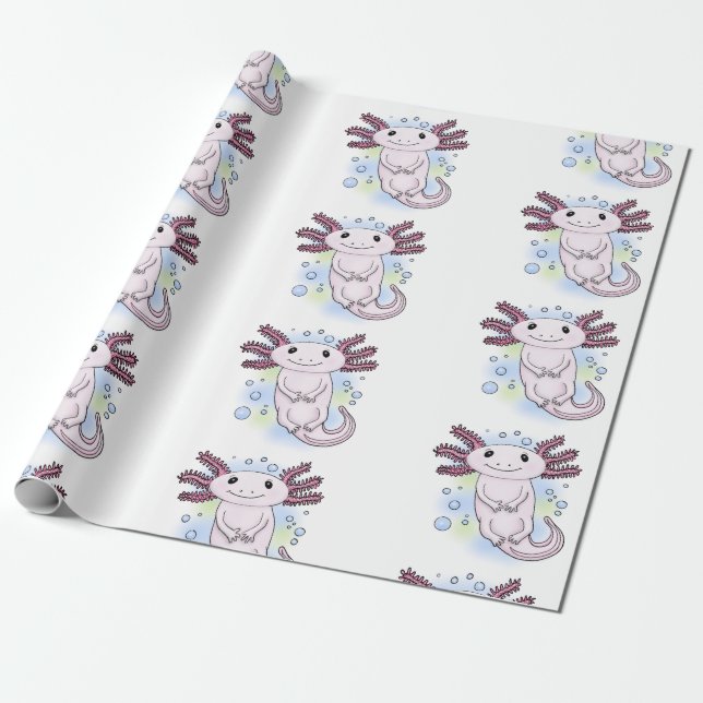 Adorable pink axolotl cartoon wrapping paper (Unrolled)