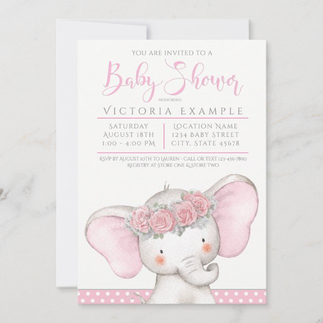 Adorable Pink Baby Girl Elephant Baby Shower Invitation (Front)
