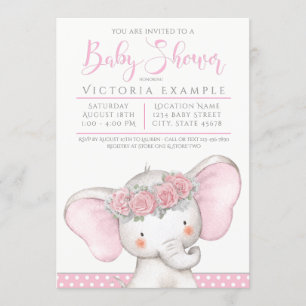 Adorable Pink Baby Girl Elephant Baby Shower Invitation