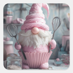 Adorable Pink Baking Gnome Cupcake Square Sticker