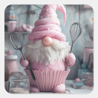 Adorable Pink Baking Gnome Cupcake Square Sticker